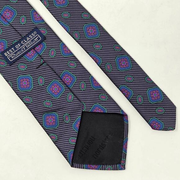 ROBERT TALBOTT BEST OF CLASS SILK TIE GRAY BLUE GEOMETRIC SATIN 3.25" X 56" - Picture 3 of 3